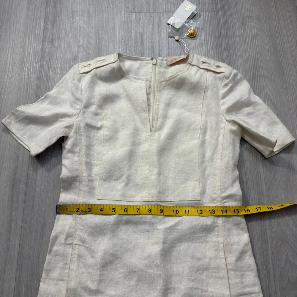 Tory Burch Dress Women Cream Linen Shift Short Sleeve Epaulet Detail Size 00